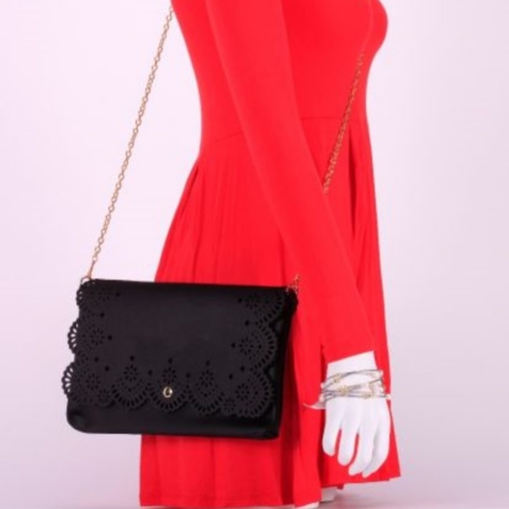 Solid Black Vegan Leather Laser Cut Clutch - Picture 2 of 6